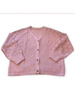 Chunky Knit Pastel Pink Cardigan Sweater Women’s 2XL Cottage Coquette Button Up